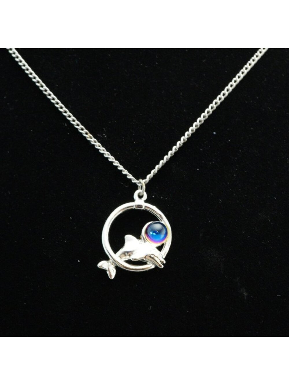 Dolphin Pendant Necklace With Colorful Glass Orb Silver-Tone Chain 18-Inch